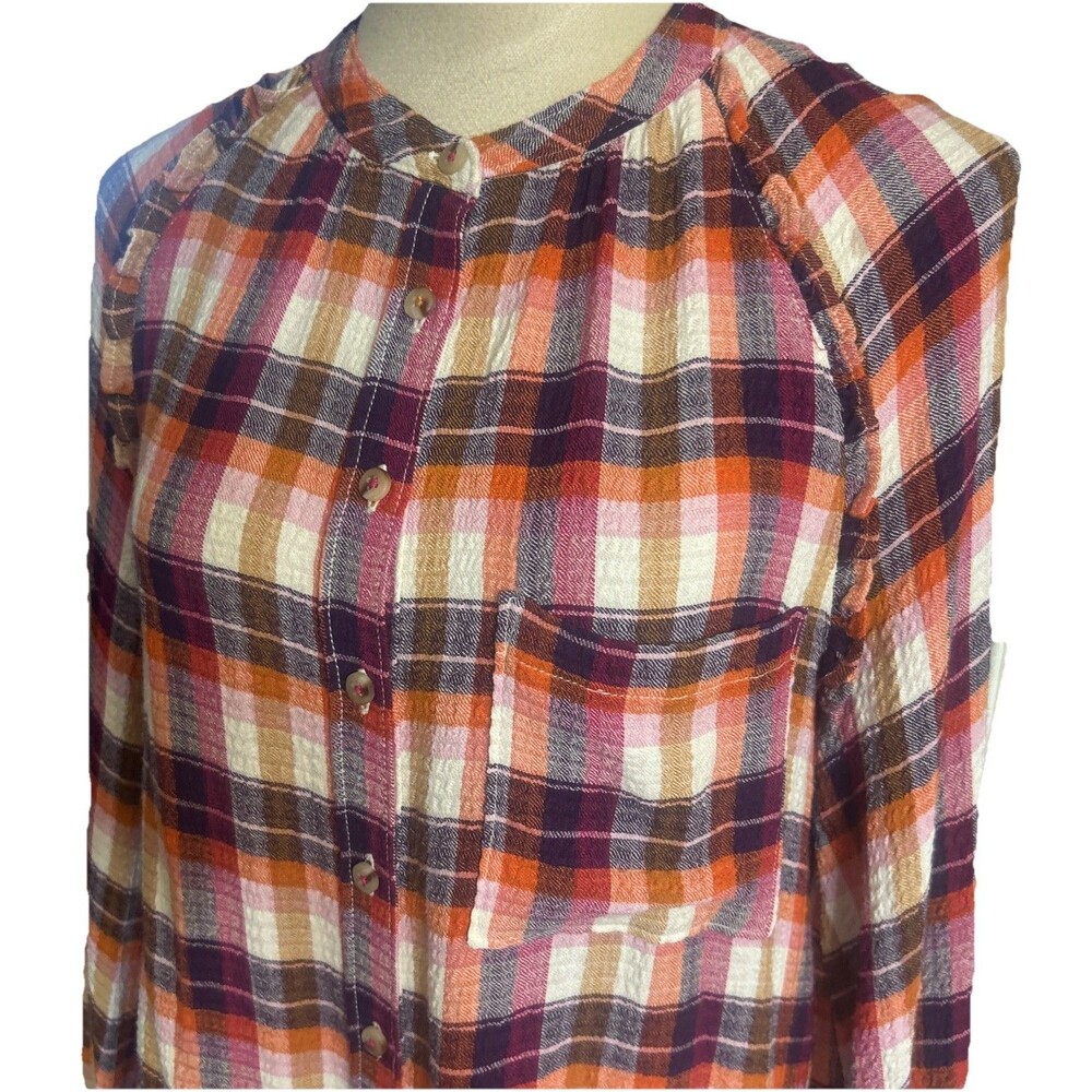 Anthropologie Pilcro Sz S Breezy Button Down Blouse Ruffle Plaid Boho Cottage - Picture 4 of 12